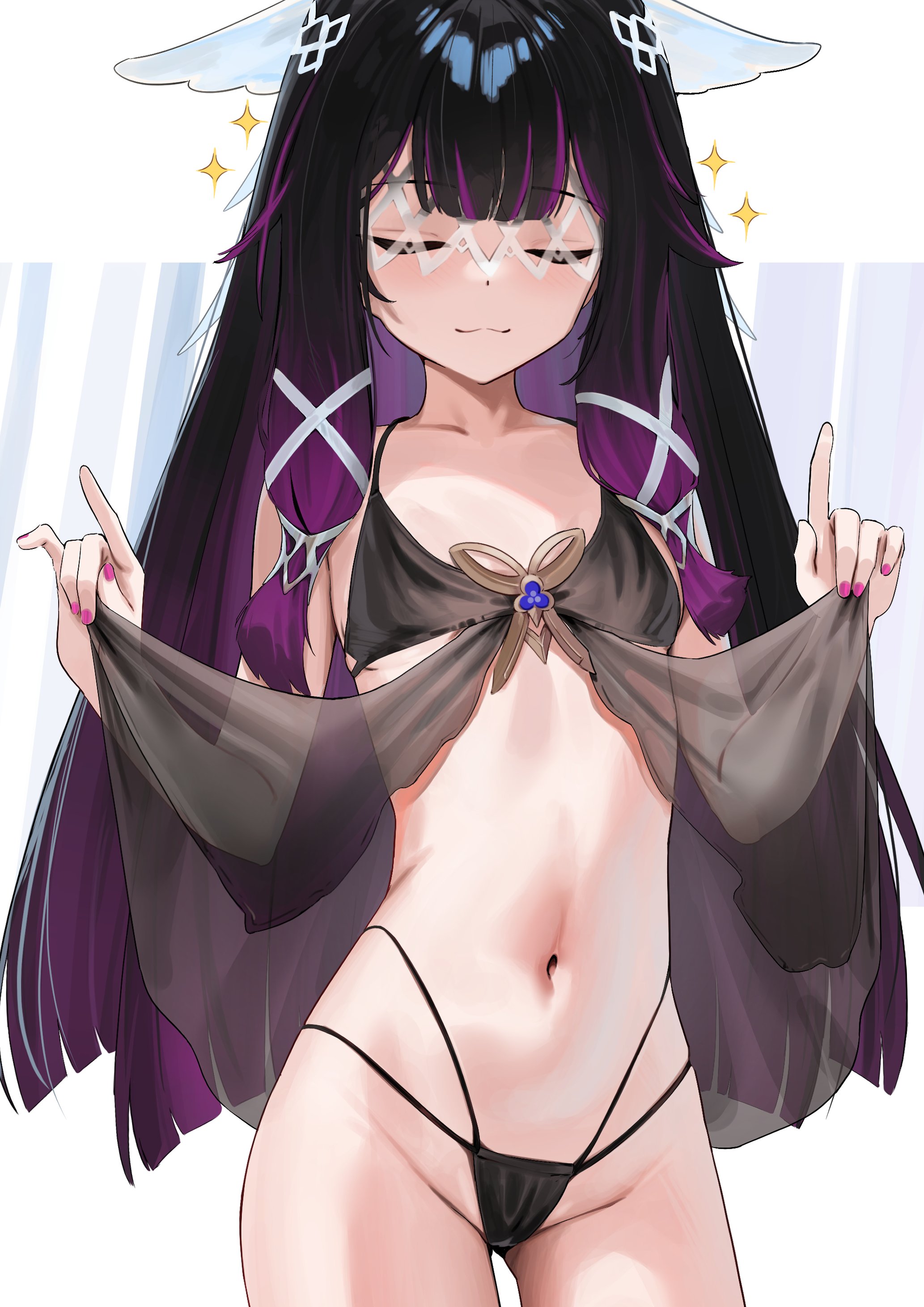 skai kun, columbina (genshin impact), genshin impact, absurdres, highres, 1girl, :3, bikini, black bikini, black hair, closed eyes, closed mouth, lifting own clothes, multicolored hair, navel, purple hair, smile, solo, stomach, swimsuit, two-tone hair, white background