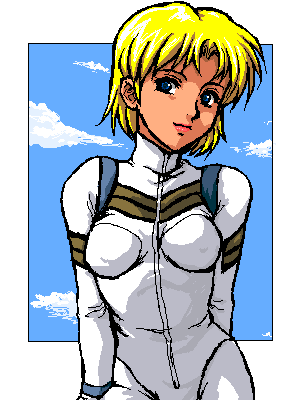 shou (akuma no ryouiki), electra (nadia), fushigi no umi no nadia, lowres, 1990s (style), 1girl, blonde hair, blue eyes, bodysuit, border, breasts, cloud, contrapposto, day, female focus, lipstick, looking at viewer, makeup, mecha pilot suit, medium breasts, oekaki, outside border, pixel art, plugsuit (evangelion), retro artstyle, short hair, sky, solo, white border