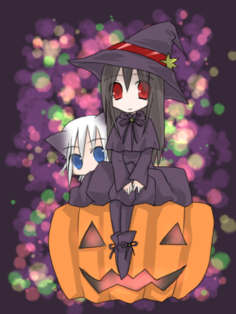 shima hinako, chronica, rukia (sound horison), chronicle 2nd, sound horizon, lowres, 2girls, animal ears, black hair, blue eyes, halloween, jack-o'-lantern, multiple girls, pantyhose, pumpkin, red eyes, white hair