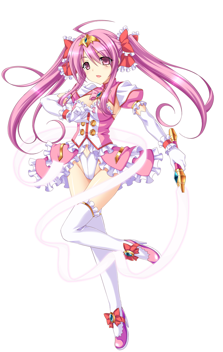 aoi masami, arty cherry, ts magical girl nao, game cg, highres, non-web source, official art, variant set, 1girl, ahoge, bow, breasts, cleavage, dress, elbow gloves, frills, full body, gloves, hair bow, harukaze mai (tsmg nao!), high heels, holding, holding weapon, leotard, long hair, looking at viewer, magical girl, medium breasts, open mouth, pink eyes, pink hair, puffy sleeves, ribbon, shoes, solo, standing, standing on one leg, sword, tachi-e, thighhighs, tiara, transparent background, twintails, weapon, white gloves, white thighhighs