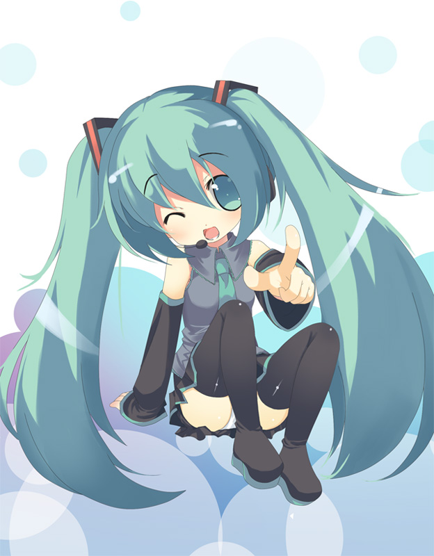 omiso, omiso (omiso), hatsune miku, vocaloid, 1girl, chibi, female focus, head tilt, long hair, panties, solo, striped clothes, striped panties, thighhighs, twintails, underwear, very long hair
