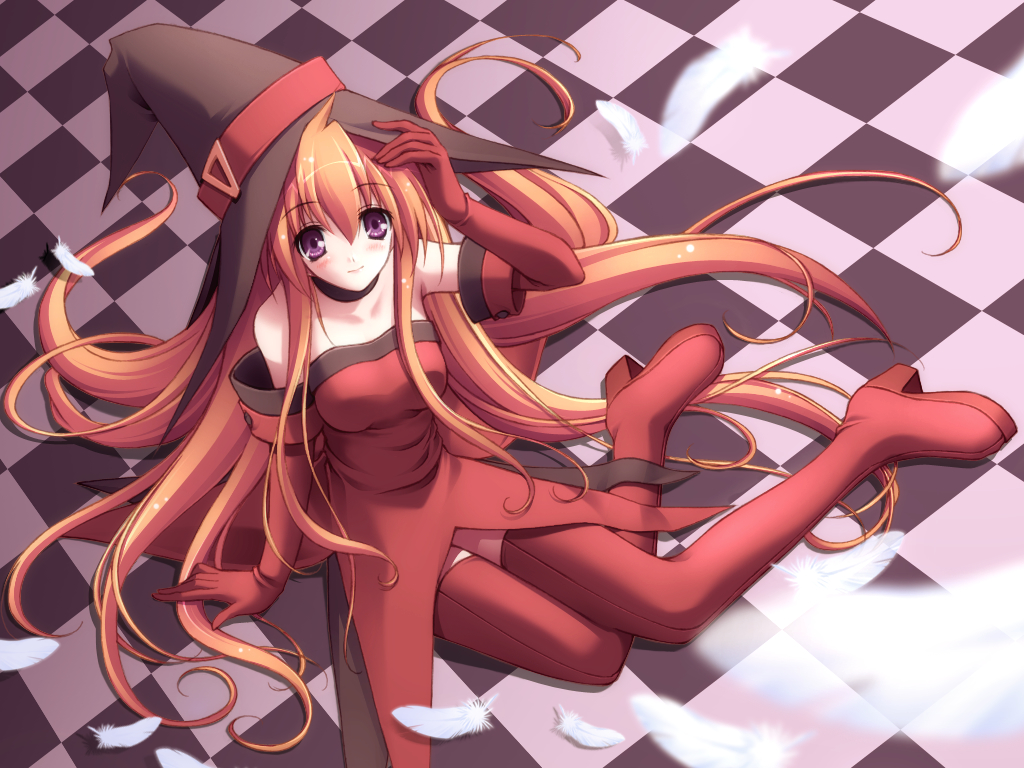 amane soh, cierra (riviera), riviera, 1girl, blush, boots, elbow gloves, feathers, female focus, gloves, hat, high heels, long hair, purple eyes, red hair, red thighhighs, shoes, sitting, smile, solo, thigh boots, thighhighs, very long hair, witch, witch hat
