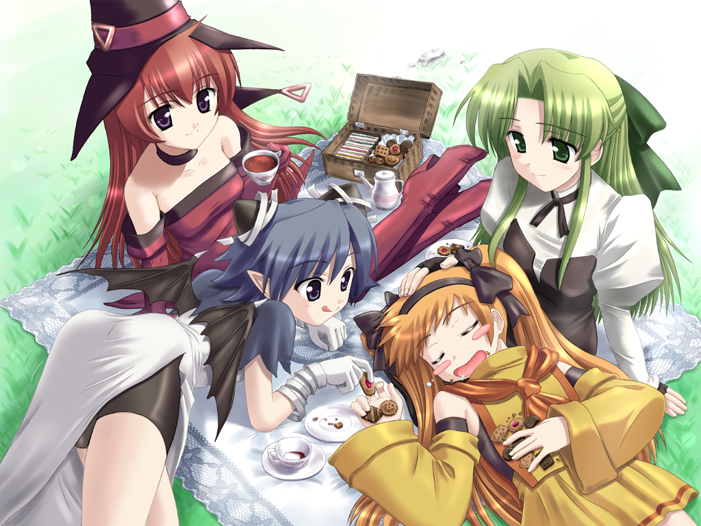 kishi nisen, cierra (riviera), fia (riviera), lyuri (riviera), serene (riviera), riviera, hand on head, 4girls, :d, ass, bare shoulders, bat wings, bent over, bike shorts, blue eyes, blue hair, blush, boots, bow, choker, closed eyes, detached sleeves, elbow gloves, fingerless gloves, food, gloves, green eyes, green hair, hair bow, hairband, half updo, hat, high heels, horns, long hair, multiple girls, open mouth, orange hair, picnic, purple eyes, red hair, shoes, sitting, sitting on lap, sitting on person, sleeping, smile, thigh boots, thighhighs, tongue, twintails, wings, witch hat