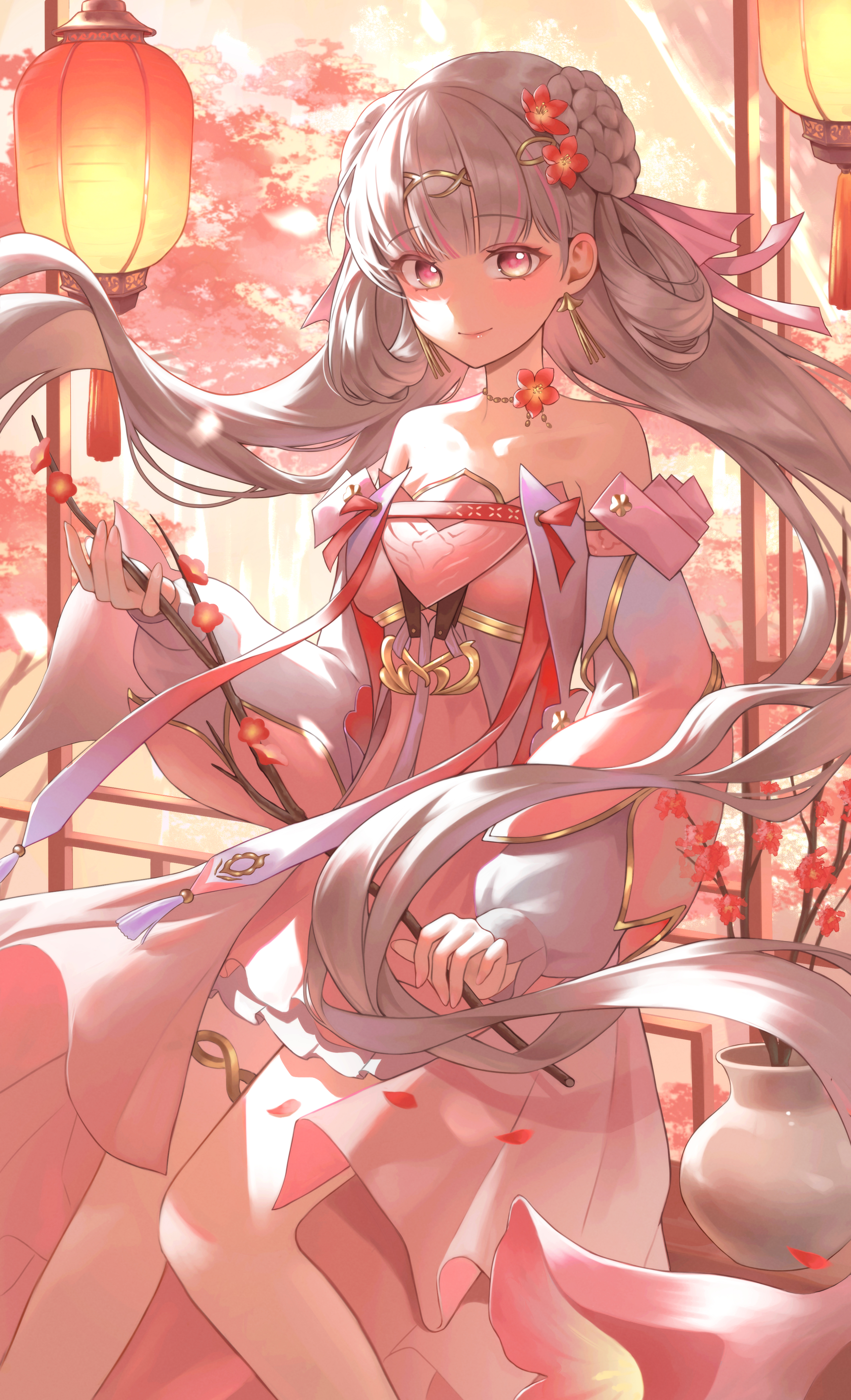 dang geun23283, jinhsi (peach blossom) (wuthering waves), jinhsi (wuthering waves), wuthering waves, absurdres, commentary, highres, 1girl, architecture, bare shoulders, branch, chinese clothes, closed mouth, detached sleeves, dress, earrings, east asian architecture, floating hair, flower, hair flower, hair ornament, hair ribbon, hair rings, hanfu, holding, holding branch, jewelry, lantern, looking at viewer, low twintails, multicolored hair, official alternate costume, paper lantern, pink dress, pink flower, pink pupils, pink ribbon, pink sleeves, ribbon, sitting, smile, solo, streaked hair, twintails, white eyes, white hair