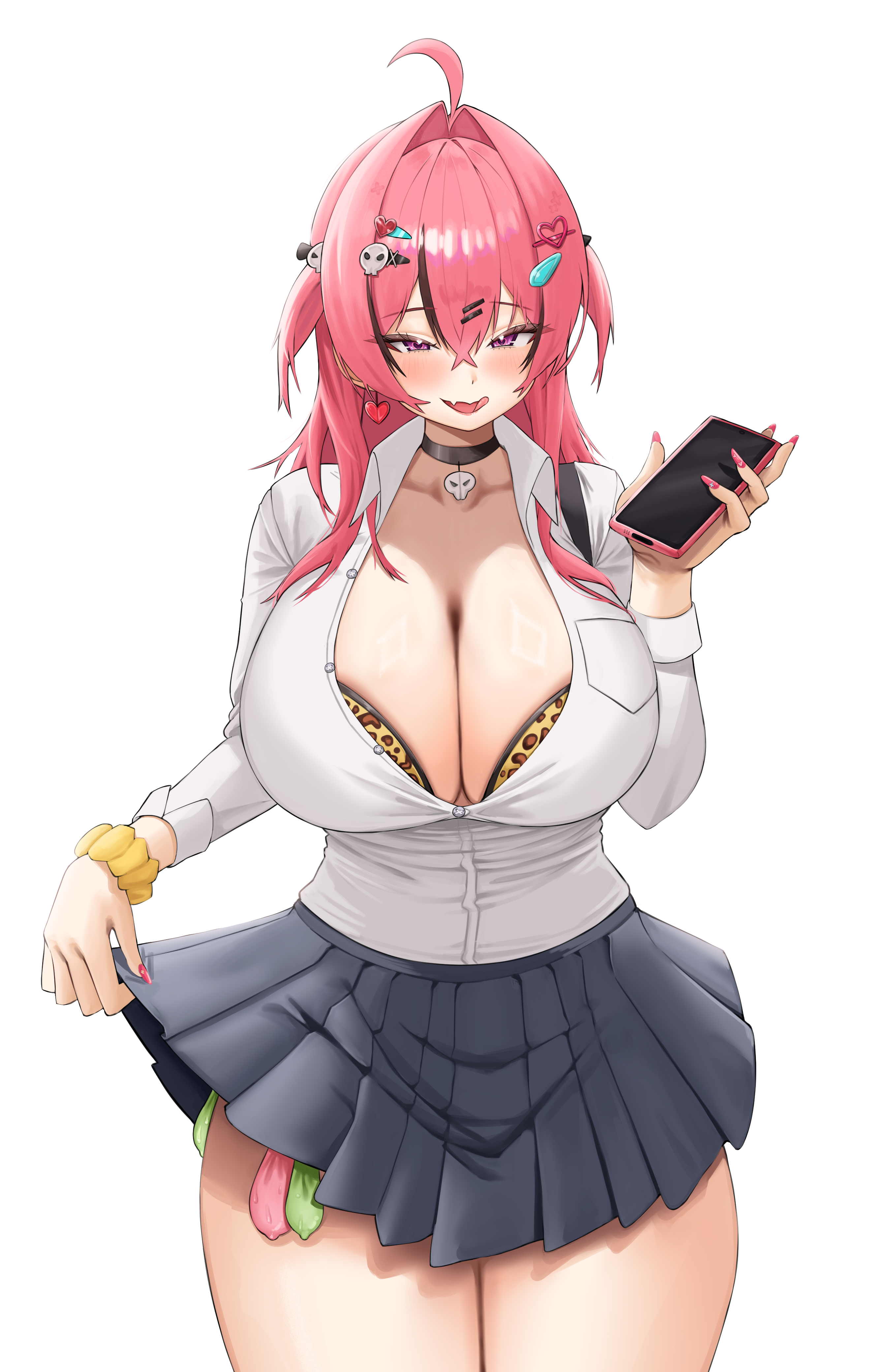 bluepaint, mast (nikke), goddess of victory: nikke, absurdres, highres, 1girl, black choker, black skirt, blush, breasts, choker, cleavage, condom, gyaru, hair ornament, hairclip, holding, holding phone, large breasts, leopard print bra, long hair, looking at viewer, mast, nail polish, open mouth, phone, pink hair, pink nails, red eyes, school uniform, scrunchie, shirt, simple background, skirt, smile, solo, used condom, white background, white shirt, wrist scrunchie