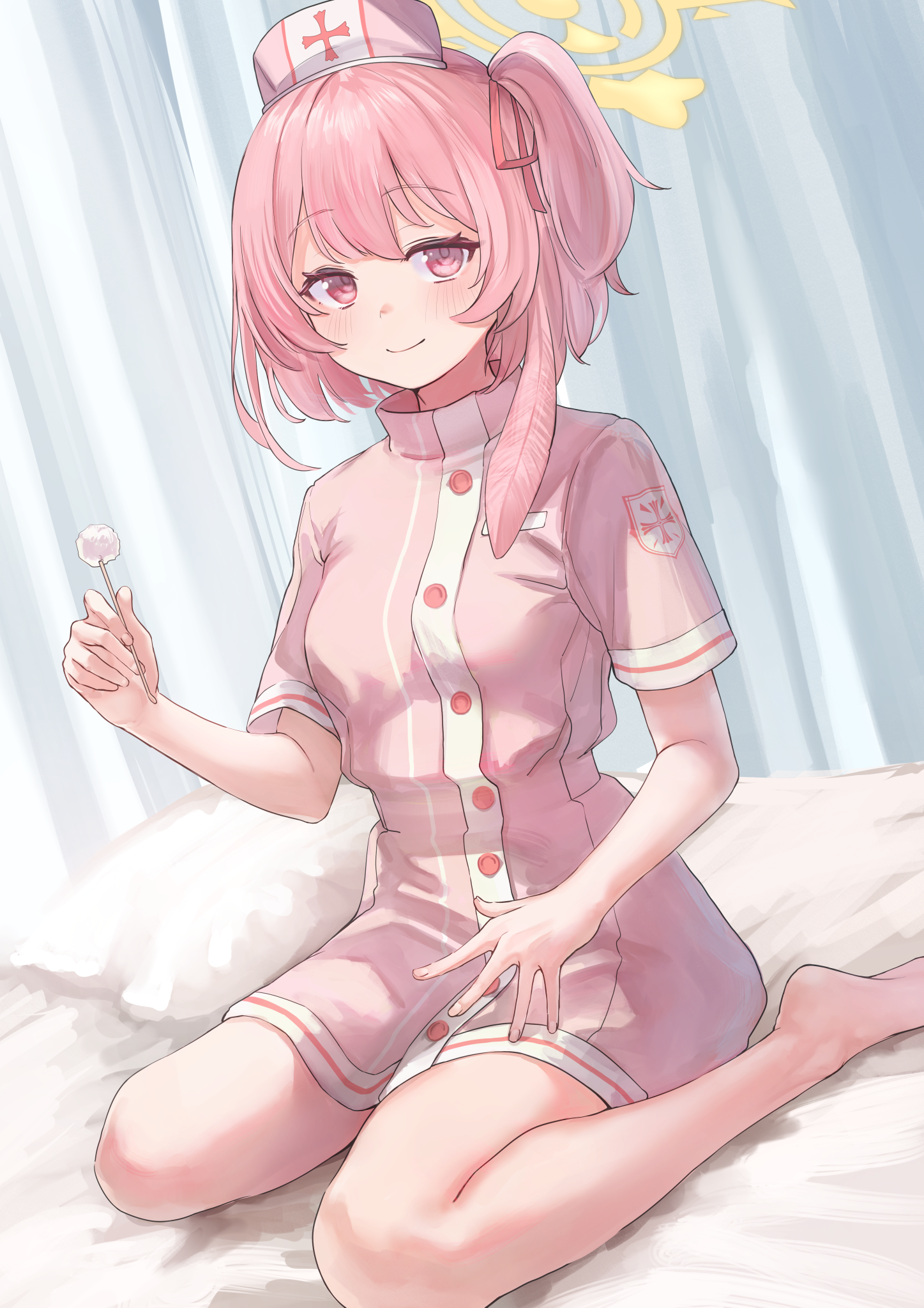 marulire, serina (blue archive), serina (nurse) (blue archive), blue archive, commentary request, highres, textless version, 1girl, alternate costume, barefoot, bed, bed sheet, blush, closed mouth, dress, feather hair, halo, hat, hospital bed, looking at viewer, mimikaki, nurse, nurse cap, on bed, one side up, pillow, pink dress, pink eyes, pink hair, pink hat, privacy screen, short hair, short sleeves, sidelocks, sitting, smile, solo, wariza, yellow halo