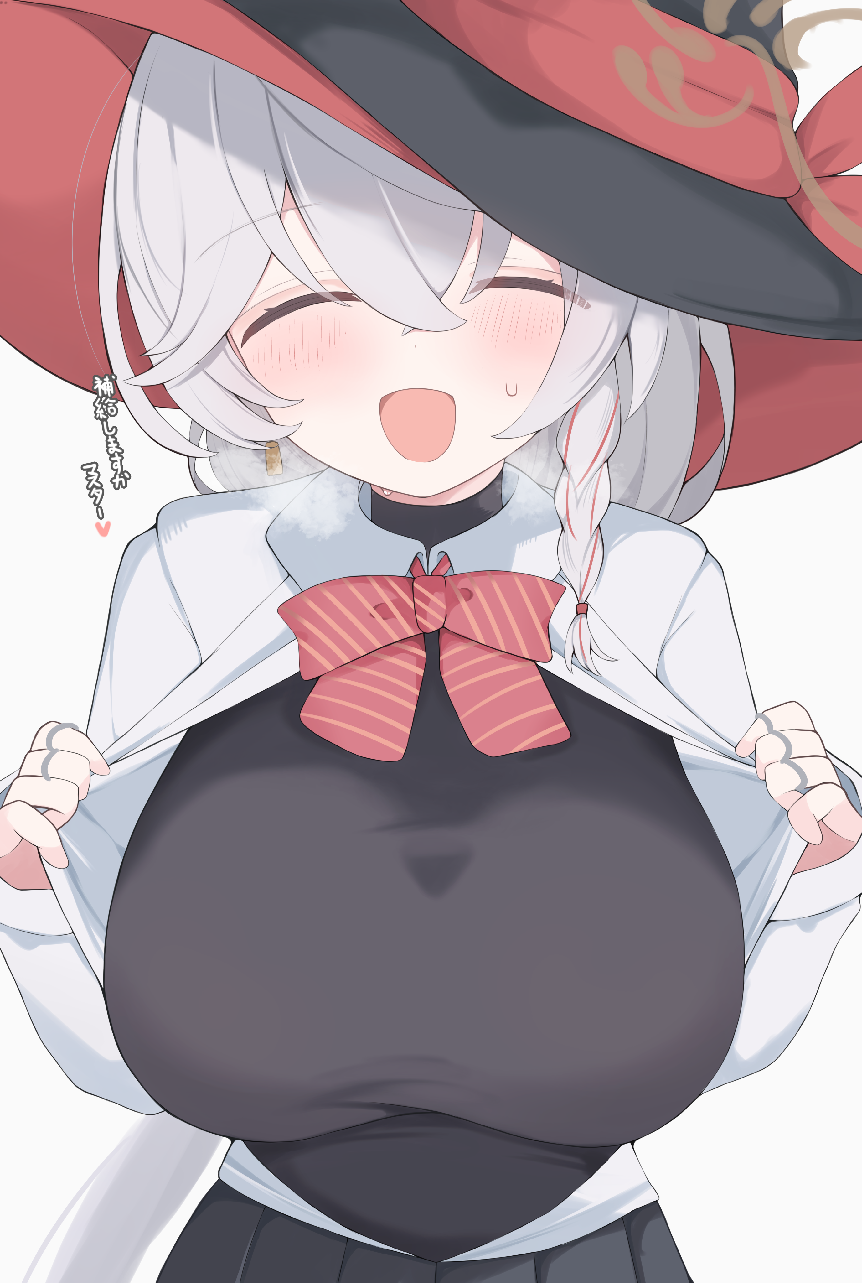 nui (nuinui0300), eri (blue archive), blue archive, absurdres, highres, translation request, 1girl, :d, ^ ^, black hat, braid, breasts, brown halo, closed eyes, grey background, hair between eyes, halo, hat, large breasts, open clothes, open mouth, open shirt, shirt, simple background, single braid, smile, solo, white shirt, witch hat