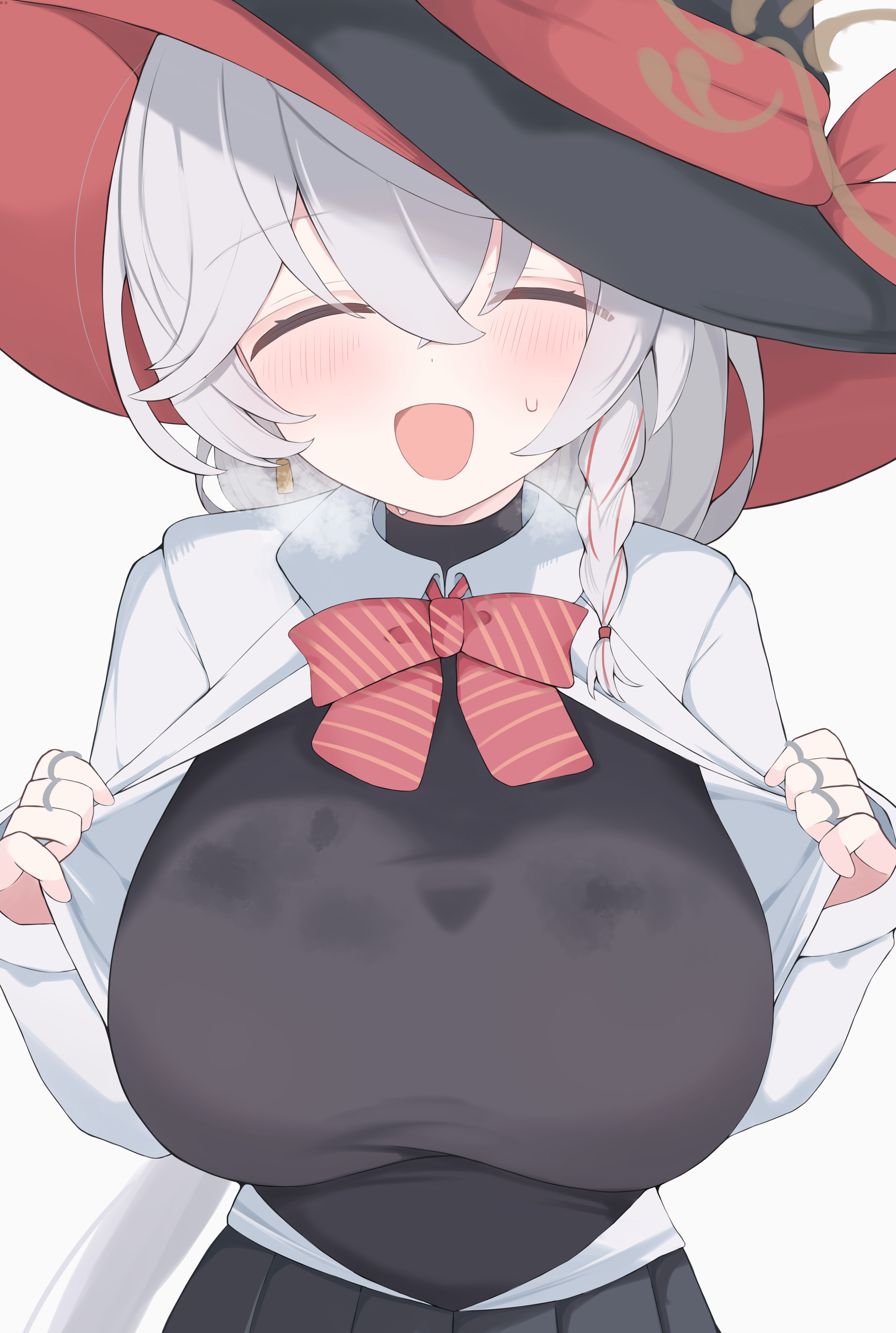 nui (nuinui0300), eri (blue archive), blue archive, absurdres, highres, 1girl, :d, ^ ^, black hat, braid, breasts, brown halo, closed eyes, grey background, hair between eyes, halo, hat, large breasts, open clothes, open mouth, open shirt, shirt, simple background, single braid, smile, solo, white shirt, witch hat