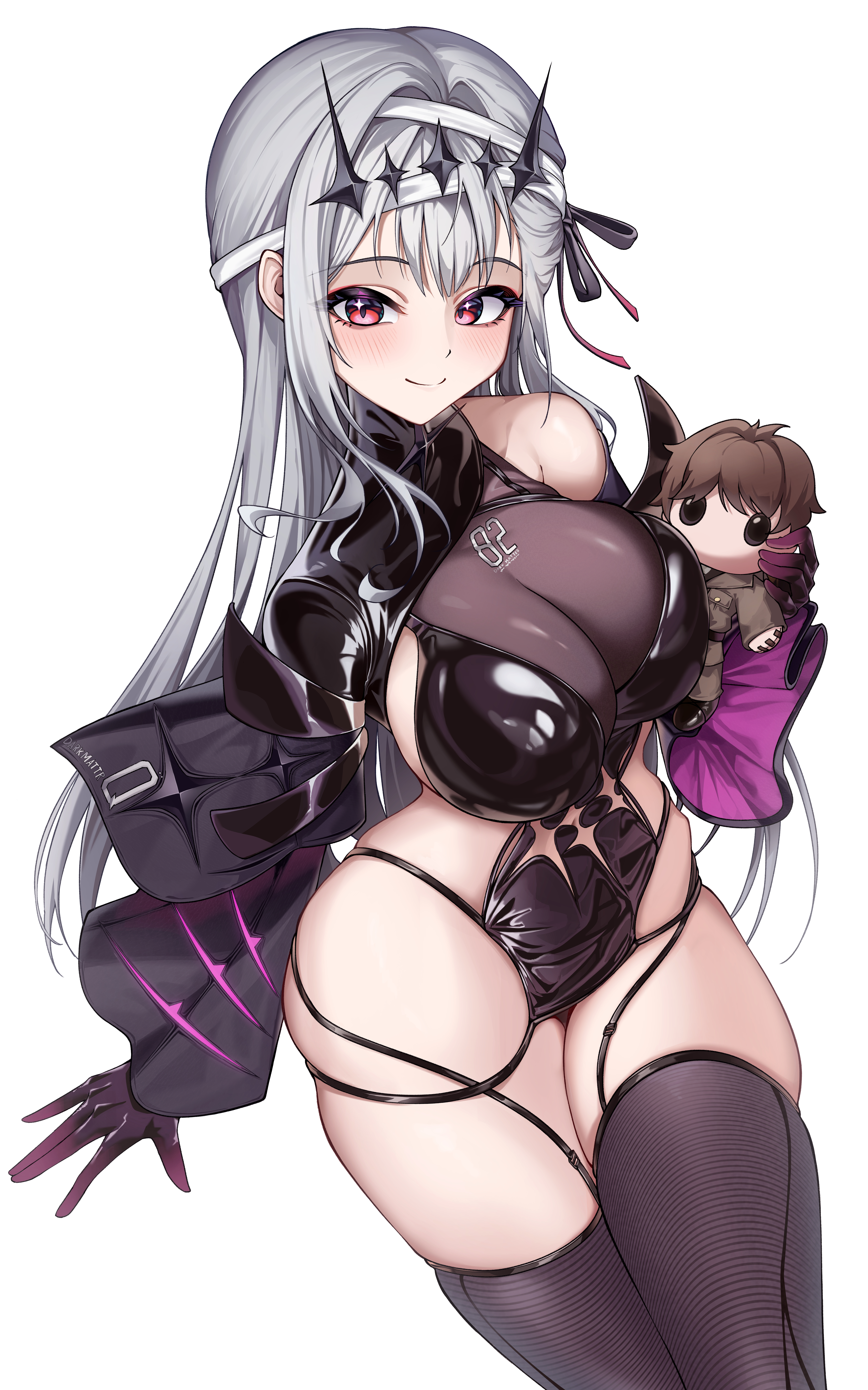 haerang, commander (nikke), modernia (nikke), modernia (second affection) (nikke), goddess of victory: nikke, absurdres, commentary, highres, 1girl, arm at side, asymmetrical clothes, bandaged head, bandages, black dress, black ribbon, black shrug, black thighhighs, black tiara, blush, breasts, character doll, closed mouth, clothes writing, clothing cutout, cowboy shot, doll, dress, gloves, grey hair, hair intakes, hair ribbon, hand up, holding, holding doll, invisible chair, large breasts, long hair, long sleeves, looking at viewer, microdress, navel, navel cutout, official alternate costume, purple gloves, red eyes, ribbon, see-through cleavage, see-through clothes, shoulder cutout, shrug (clothing), sideboob, sideless dress, sidelocks, simple background, single bare shoulder, sitting, smile, solo, sparkling eyes, symbol-shaped pupils, thighhighs, tiara, very long hair, white background, wide sleeves