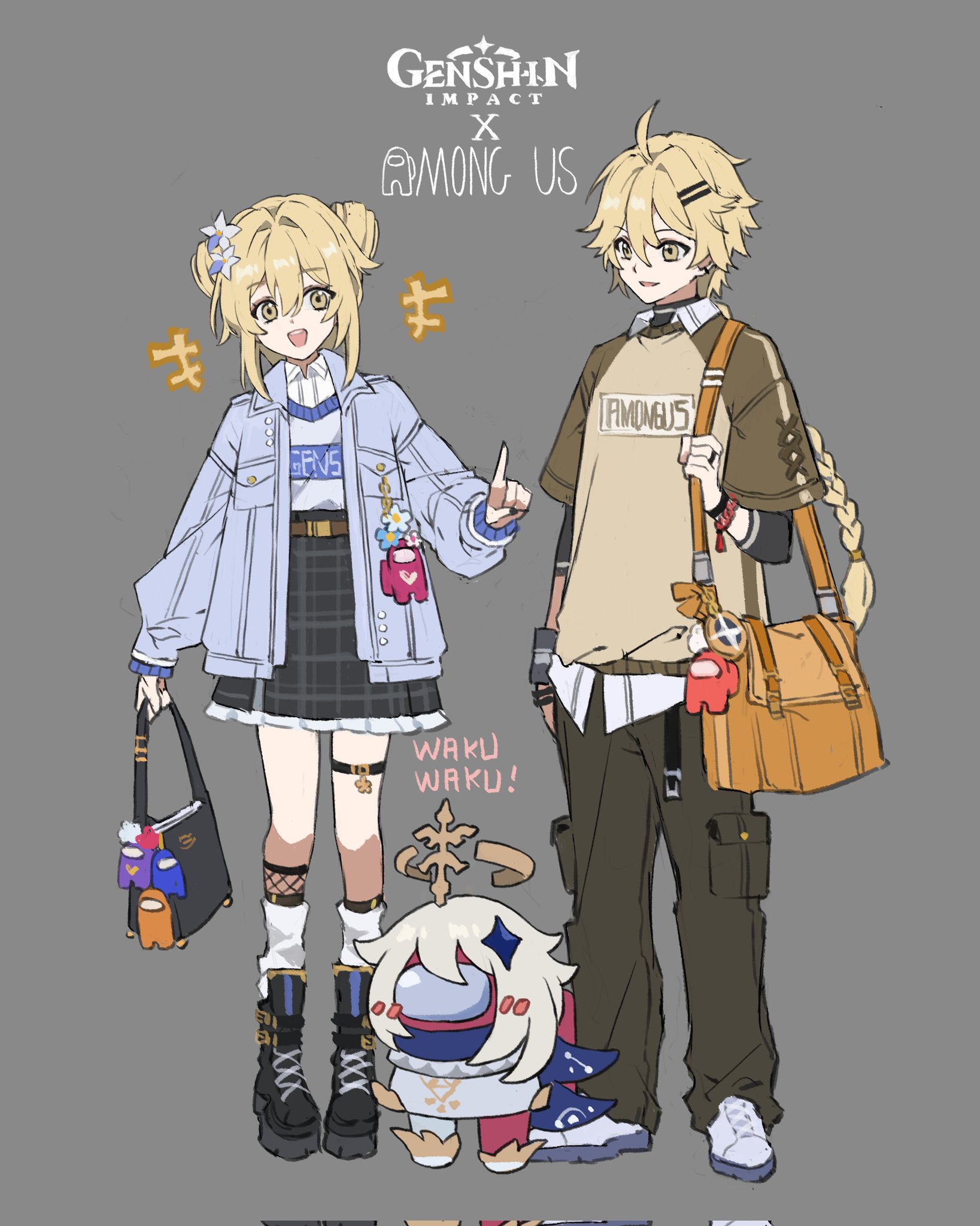 papajay (jennygin2), aether (genshin impact), lumine (genshin impact), paimon (genshin impact), red (among us), among us, genshin impact, highres, 1girl, 2girls, bag, blonde hair, blue shirt, brother and sister, multiple girls, open clothes, open shirt, pants, shirt, short hair, shoulder bag, siblings, skirt, white hair, white shirt