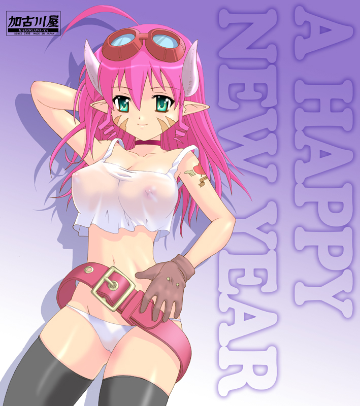 kakogawa tarou, original, 1girl, belt, blue eyes, breasts, female focus, gloves, goggles, horns, large breasts, long hair, midriff, nipples, panties, pink hair, pointy ears, see-through clothes, solo, tank top, tattoo, thighhighs, underwear