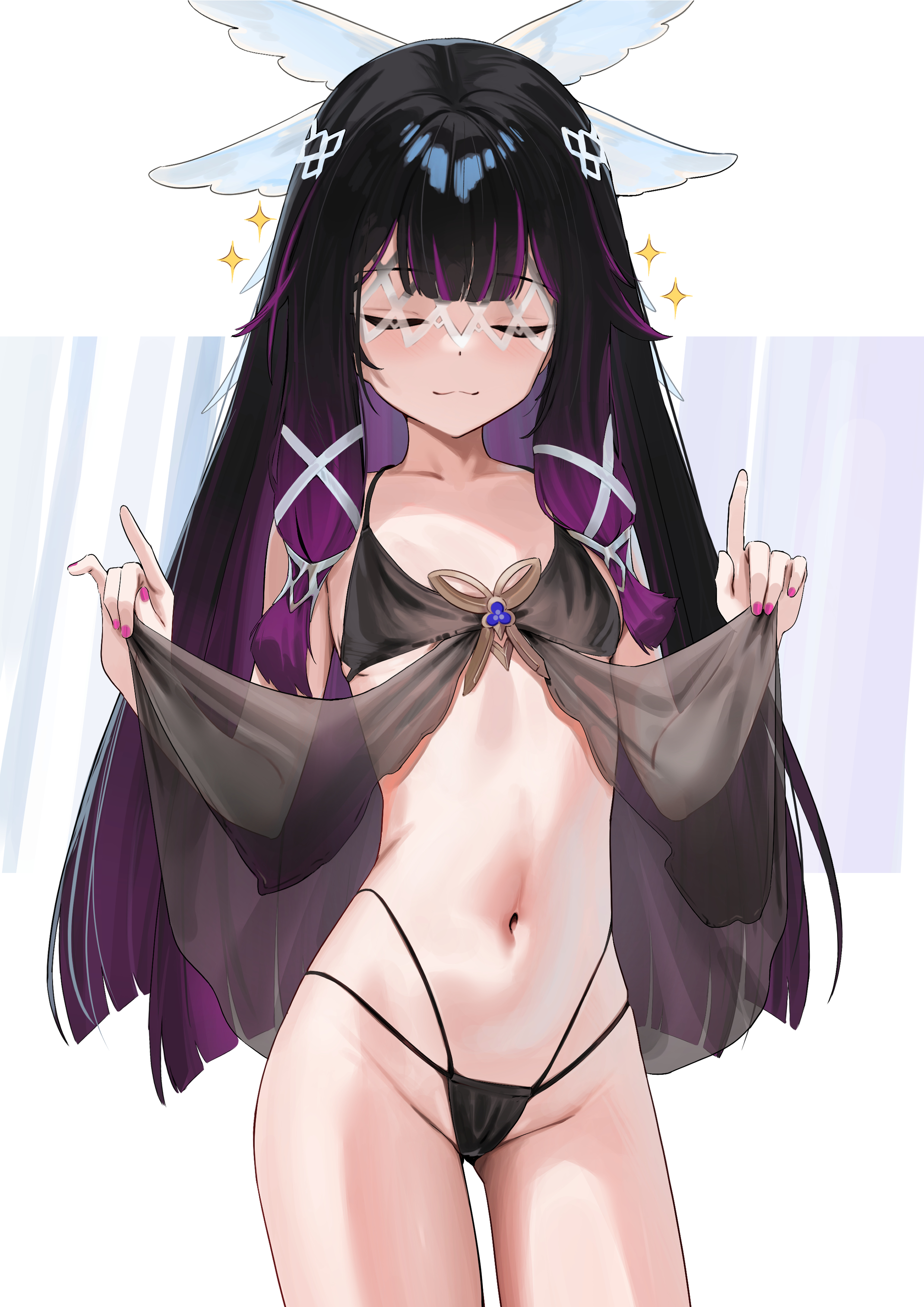 skai kun, columbina (genshin impact), genshin impact, absurdres, highres, 1girl, :3, bikini, black bikini, black hair, closed eyes, closed mouth, lifting own clothes, multicolored hair, navel, purple hair, smile, solo, stomach, swimsuit, two-tone hair, white background