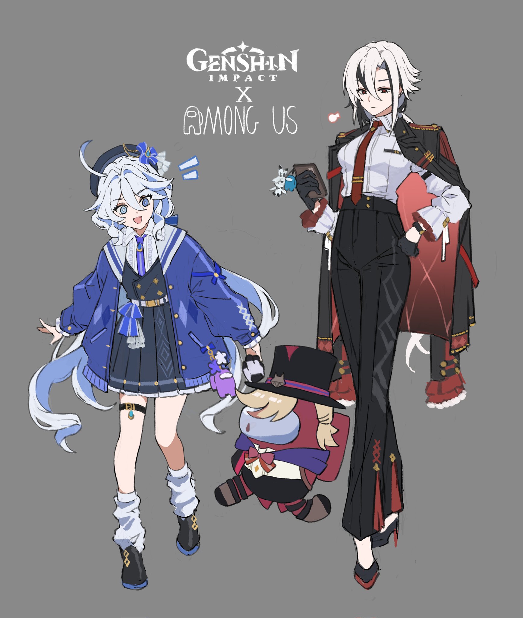 papajay (jennygin2), arlecchino (genshin impact), furina (genshin impact), lyney (genshin impact), red (among us), among us, genshin impact, highres, 1boy, 2girls, black hair, black hat, black jacket, black skirt, blonde hair, blue eyes, blue hair, blue jacket, hat, hetero, jacket, long hair, multicolored hair, multiple girls, open clothes, open jacket, shirt, skirt, white hair, white shirt
