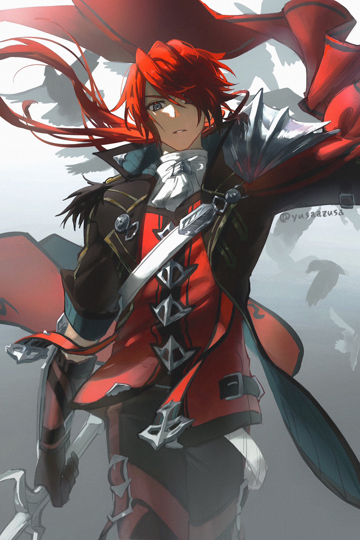 yusaazusa, crimson king (ys), ys, ys ix: monstrum nox, highres, 1boy, armor, black gloves, closed mouth, coat, gloves, gradient background, grey background, grey eyes, hair over one eye, high collar, holding, holding sword, holding weapon, long hair, looking at viewer, male focus, ponytail, red hair, shoulder armor, solo, sword, weapon