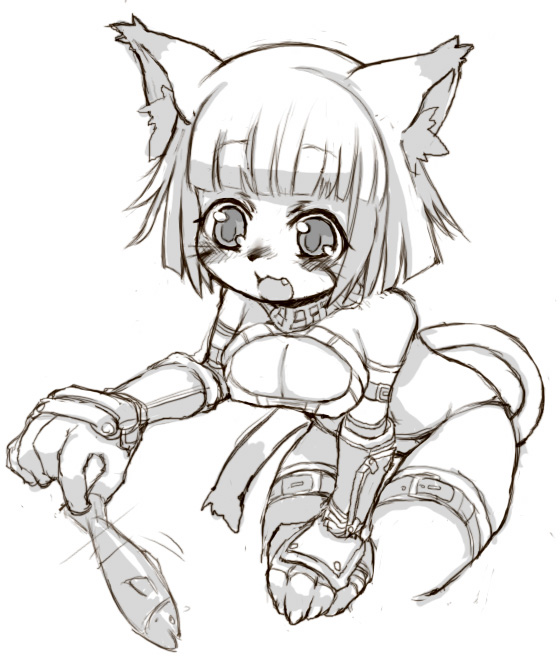 mithra (ff11), final fantasy, final fantasy xi, 00s, 1girl, animal, animal ears, breasts, cat ears, cat girl, cat tail, female focus, fish, greyscale, medium breasts, monochrome, simple background, sketch, solo, tail