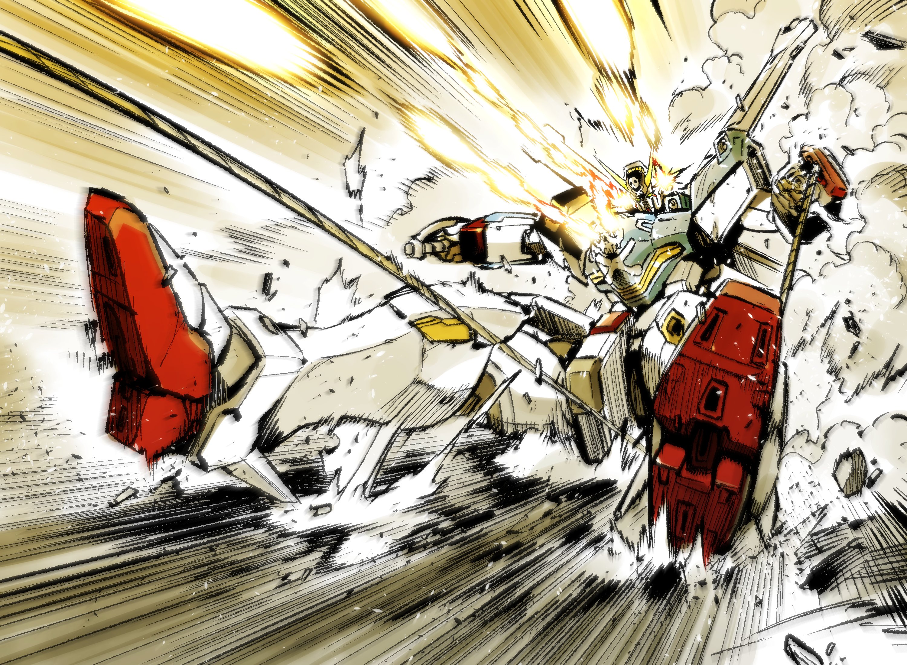 kato takuji, crossbone gundam x-3, crossbone gundam, gundam, highres, ammunition, crossbone vanguard, explosion, firing, firing at viewer, gun, holding, holding weapon, mecha, mobile suit, no humans, robot, science fiction, skull and crossbones, smoke, solo, v-fin, weapon