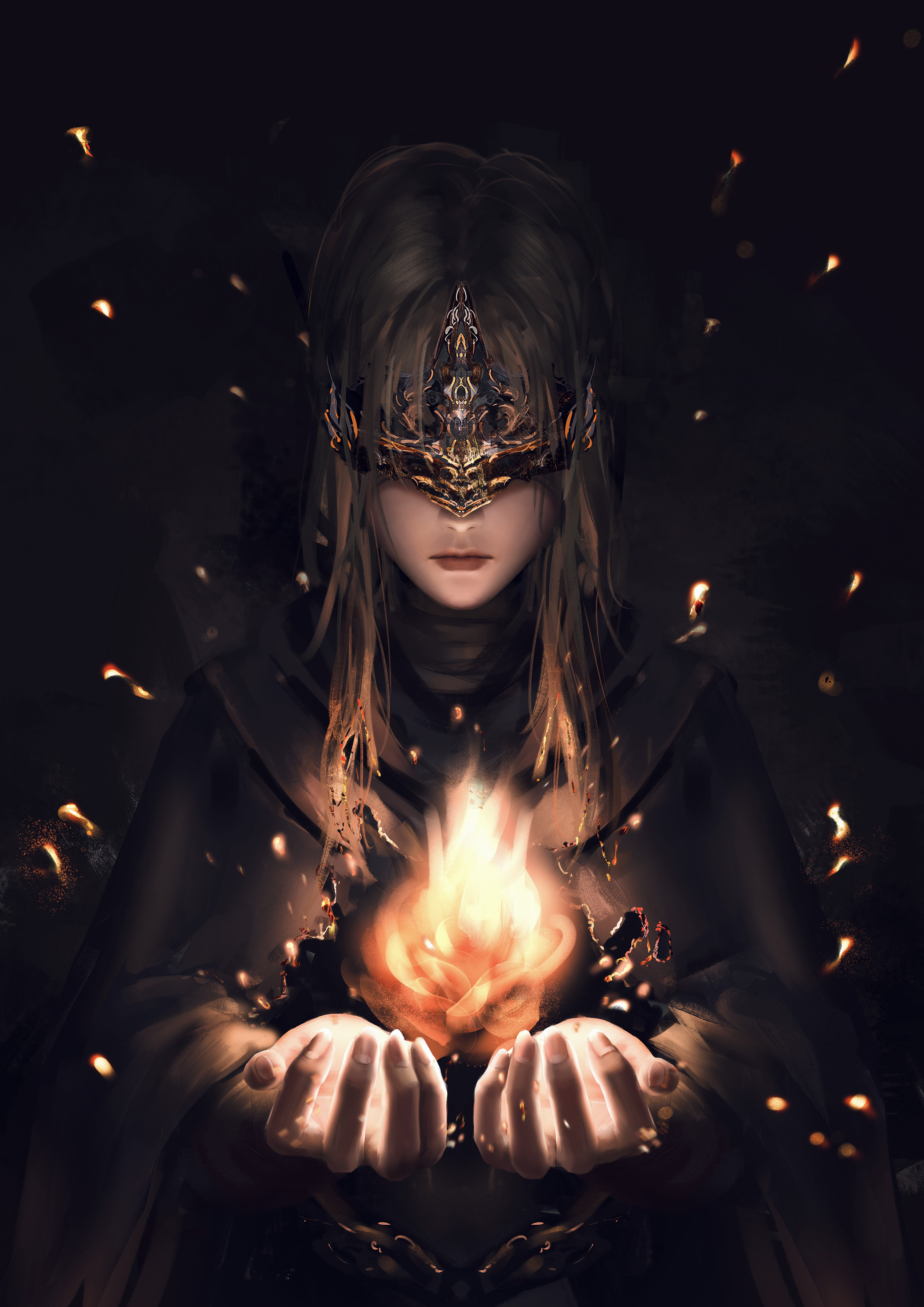 laocome, fire keeper, dark souls (series), dark souls iii, absurdres, highres, 1girl, black dress, blindfold, blonde hair, capelet, cloak, closed mouth, covered eyes, dress, eye mask, grey hair, jewelry, long hair, mask, necklace, solo