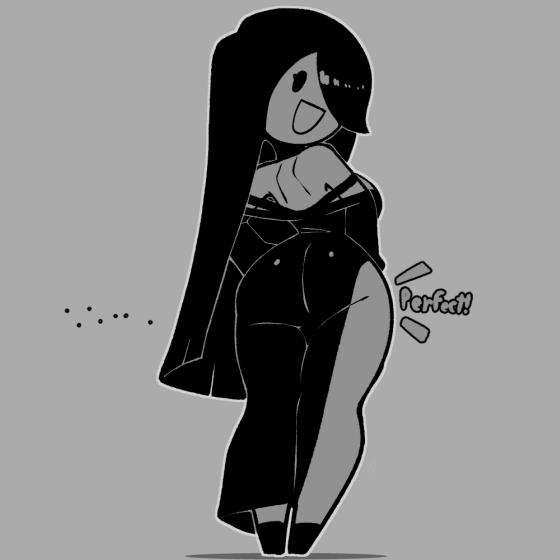 movail2, cream (movail2), original, animated, animated gif, commentary, english commentary, looping animation, 1girl, ass, bare shoulders, black eyes, black hair, bouncing breasts, breasts, curvy, dress, english text, from behind, grey background, large breasts, long hair, looking at viewer, looking back, monochrome, narrow waist, side slit, simple background, solo, thick thighs, thighs, very long hair, wide hips