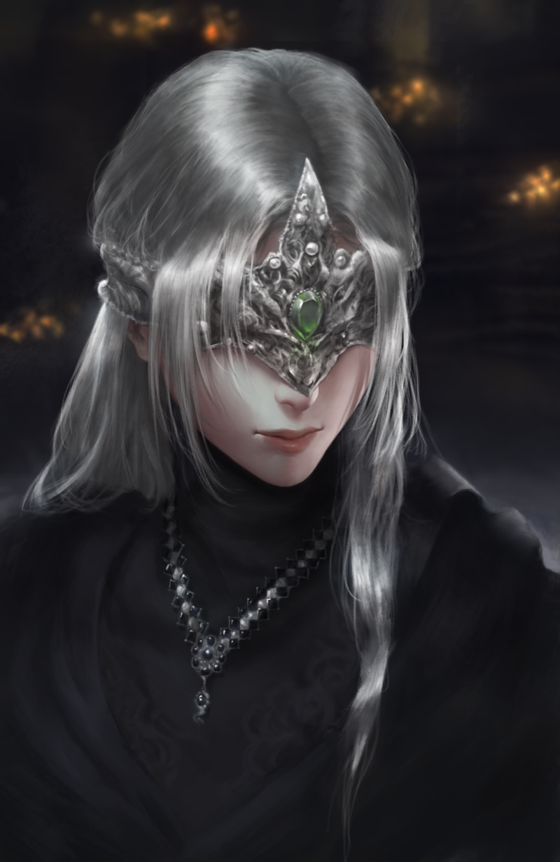 viet le quoc, fire keeper, dark souls (series), dark souls iii, highres, 1girl, black dress, blindfold, blonde hair, capelet, closed mouth, covered eyes, dress, eye mask, jewelry, long hair, mask, necklace