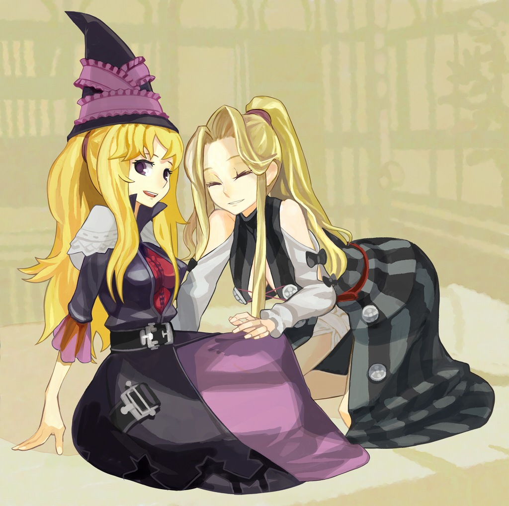 forgotten artist, amaretto virgine, amoretta virgine, lillet blan, grimgrimoire, nippon ichi, 2girls, blonde hair, hat, long hair, multiple girls, ponytail, purple eyes, witch, witch hat, wizard hat
