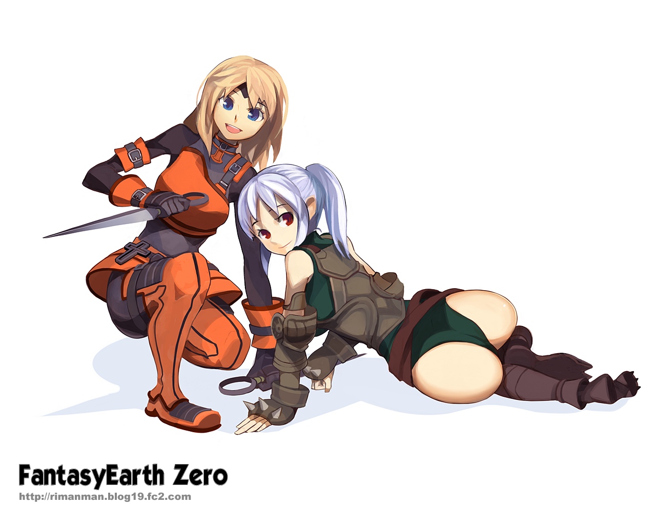 forgotten artist, fantasy earth zero, 2girls, arm support, armor, ass, blonde hair, knife, looking back, multiple girls, ponytail