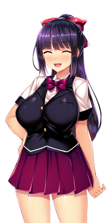 satou kuuki, kisaragi nozomi, shinsou seiki elementia, game cg, non-web source, official art, variant set, 1girl, :d, ^ ^, black hair, blunt bangs, blush, bow, bowtie, breasts, closed eyes, cowboy shot, facing viewer, hair bow, hand on own hip, high ponytail, large breasts, long hair, open mouth, pleated skirt, ponytail, purple hair, purple skirt, red bow, school uniform, shirt, short sleeves, sidelocks, skirt, smile, solo, standing, transparent background, vest, white shirt