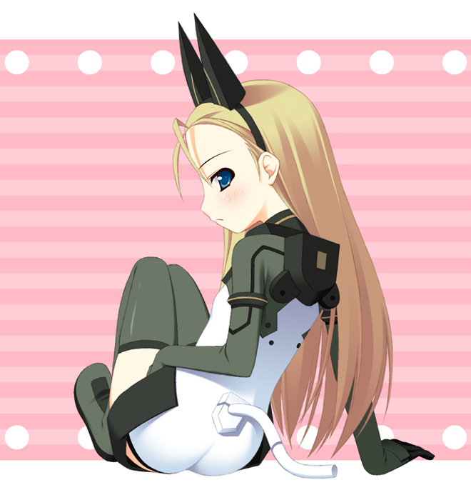 gaou (babel), elise von dietrich, sky girls, pilot suit, 00s, 1girl, animal ears, antenna hair, arm support, ass, blonde hair, blue eyes, blush, boots, cable, fake animal ears, female focus, flat chest, from behind, frown, full body, gloves, green boots, green thighhighs, hairband, headgear, knees up, leaning, leotard, long hair, looking at viewer, looking back, mecha pilot suit, motion slit, motionslit, pink background, profile, sitting, solo, striped background, tail, thigh boots, thighhighs, turtleneck, very long hair