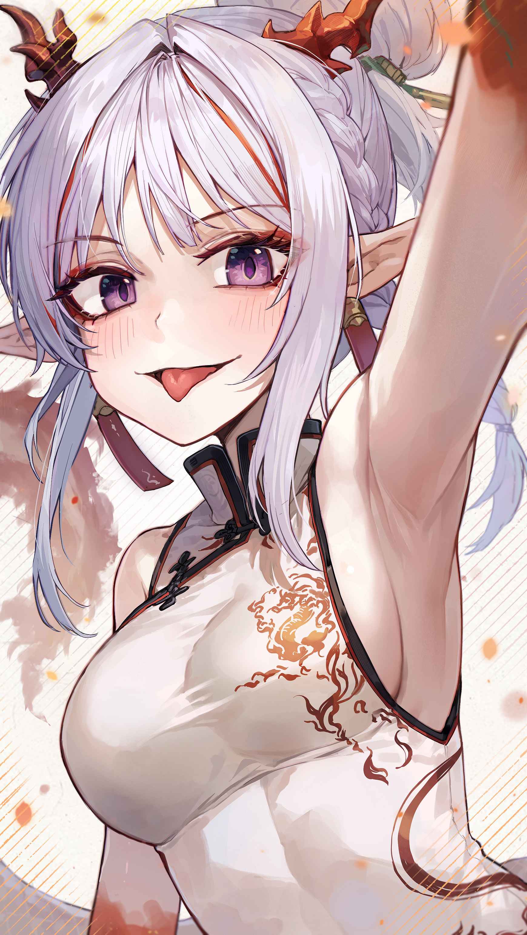 kokukyukeo, nian (arknights), nian (unfettered freedom) (arknights), arknights, absurdres, commentary, highres, 1girl, :p, arm up, armpits, bare shoulders, blush, braid, breasts, china dress, chinese clothes, colored extremities, colored skin, dragon girl, dragon horns, dragon print, dragon tail, dress, eastern dragon horns, eastern dragon tail, grey hair, hair bun, horns, looking at viewer, medium breasts, multicolored hair, official alternate costume, orange horns, parted lips, pointy ears, print dress, purple eyes, red skin, red streaks, side slit, sideboob, sidelocks, sleeveless, sleeveless dress, smile, solo, tail, tight clothes, tight dress, tongue, tongue out, upper body, white dress