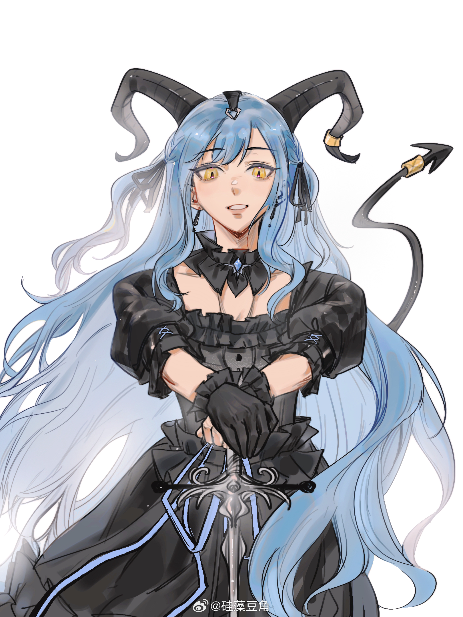 togawa sakiko, arknights, bang dream!, bang dream! it's mygo!!!!!, chinese commentary, commentary request, highres, 1girl, black dress, black gloves, black horns, black ribbon, blue hair, cowboy shot, curled horns, demon tail, detached collar, dress, gloves, gui zao doujiao, hair ribbon, hands on hilt, holding, holding sword, holding weapon, horn ornament, horn ring, horns, long hair, looking at viewer, own hands together, ribbon, sidelocks, simple background, single glove, smile, solo, standing, sword, tail, tail ornament, tail ring, togawa sakiko (master of melodia), watermark, weapon, weibo watermark, white background, yellow eyes