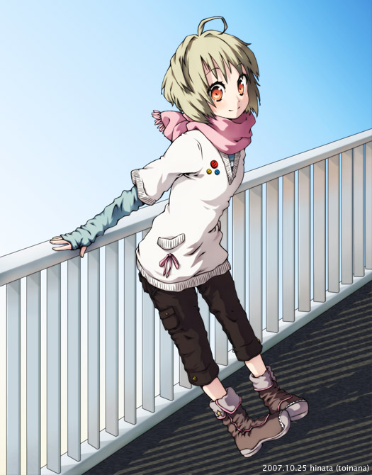hinata (artist), magamoto, original, 1girl, ahoge, arm warmers, fashion, female focus, railing, red eyes, scarf, short hair, simple background, smile, solo