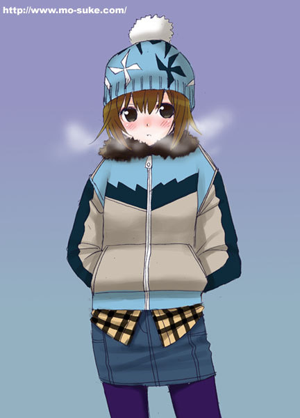 mattaku mousuke, original, 1girl, beanie, black pantyhose, blush, breath, brown eyes, brown hair, coat, cold, contrapposto, cowboy shot, email address, female focus, grey background, hands in pockets, hat, jacket, long sleeves, looking at viewer, miniskirt, pantyhose, pom pom (clothes), purple pantyhose, simple background, skirt, solo, standing, winter clothes, winter coat, zipper
