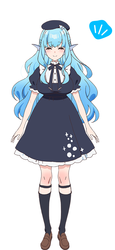 okada maiko, official art, 1girl, ^ ^, anime coloring, beret, black socks, blue dress, blue hair, blue hat, blush, breasts, brown shoes, closed eyes, closed mouth, collared dress, dress, full body, hat, jingai kyoshitsu no ningen girai kyoshi, large breasts, loafers, long hair, long sidelocks, looking at viewer, minazuki kyoka, notice lines, puffy short sleeves, puffy sleeves, shoes, short sleeves, sidelocks, simple background, smile, socks, solo, standing, tachi-e, transparent background, very long hair, wavy hair