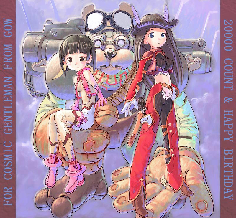 tougetsu gou, original, 2girls, belt, black hair, boots, breasts, chaps, gloves, goggles, gun, handgun, holster, long hair, medium breasts, midriff, multiple girls, pink boots, revolver, shoes, short hair, small breasts, smile, underboob, weapon