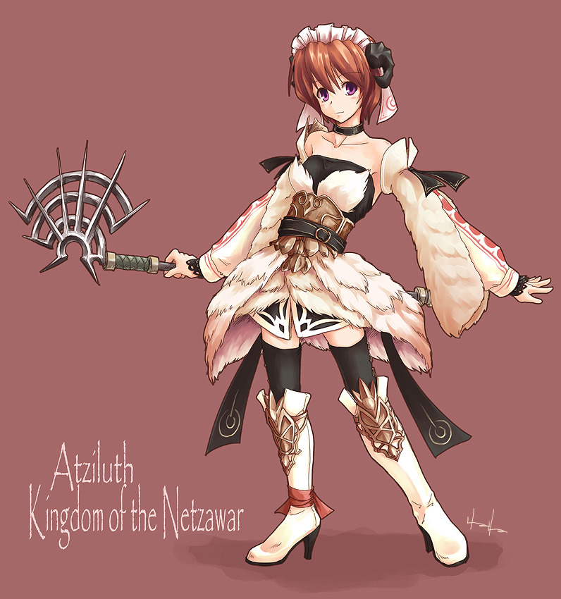 akiyama nenehisa, corriedale (fantasy earth zero), fantasy earth zero, fur, 1girl, boots, detached sleeves, female focus, hairband, purple eyes, short hair, solo, staff, thighhighs
