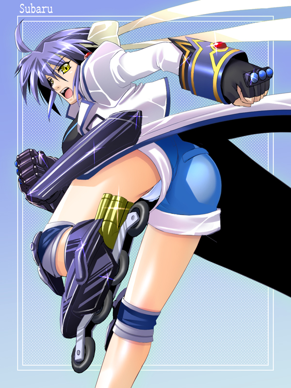ichimedoo, revolver knuckle, subaru nakajima, lyrical nanoha, mahou shoujo lyrical nanoha, mahou shoujo lyrical nanoha strikers, 00s, 1girl, ahoge, black shirt, blouse, blue hair, blue panties, character name, denim, denim shorts, female focus, fingerless gloves, from behind, gloves, inline skates, knee pads, looking back, open mouth, panties, pantyshot, roller skates, shirt, short hair, shorts, skates, solo, underwear, upshorts, white panties, yellow eyes