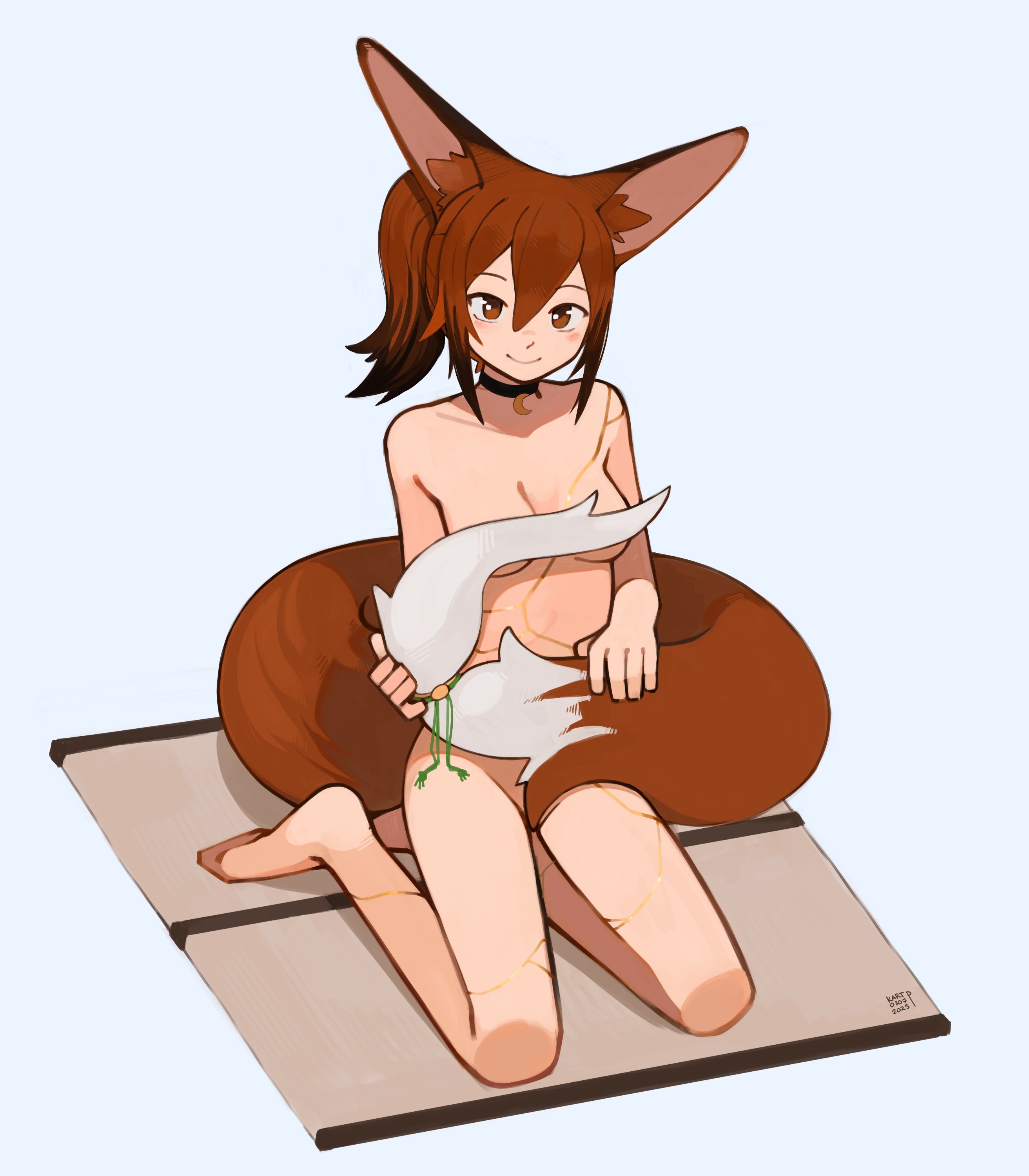 kart prowler, original, absurdres, highres, animal ears, breasts, brown hair, completely nude, covered erect nipples, covered navel, fox ears, fox girl, fox tail, kneeling, looking at viewer, nude, simple background, tail, tail ornament