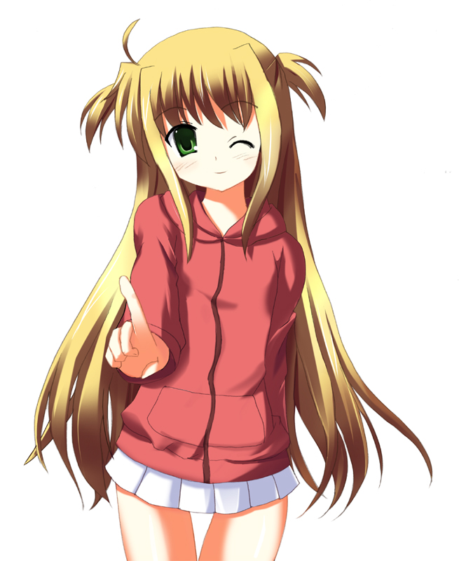 odaya, odayan, arisa bunnings, lyrical nanoha, mahou shoujo lyrical nanoha, 00s, 1girl, blush, female focus, green eyes, hood, hoodie, index finger raised, long hair, looking at viewer, miniskirt, one eye closed, simple background, skirt, smile, solo, very long hair, white background, wink