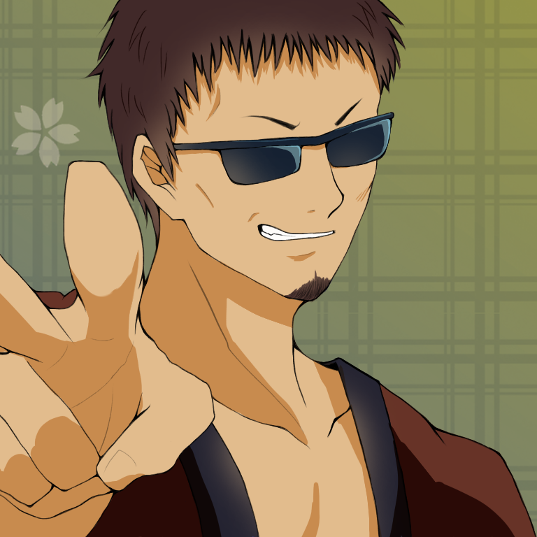 hasegawa taizou, gintama, commentary request, 1boy, 7574, brown hair, brown kimono, collarbone, facial hair, flower, goatee, grin, japanese clothes, kimono, male focus, short hair, smile, solo, sunglasses, teeth, v, v-shaped eyebrows