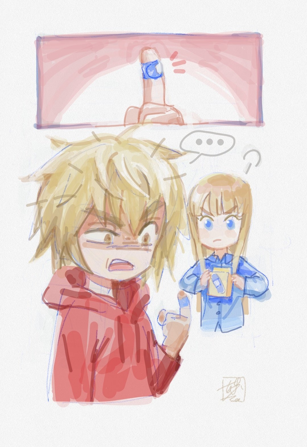 furehana, canute, thorfinn, vinland saga, …, 2boys, bandaid, bandaid on finger, bandaid on hand, blonde hair, blue eyes, blue shirt, brown eyes, closed mouth, contemporary, hood, hoodie, looking at hand, male focus, multiple boys, open mouth, panels, shirt, speech bubble, teeth, upper teeth only, wing collar