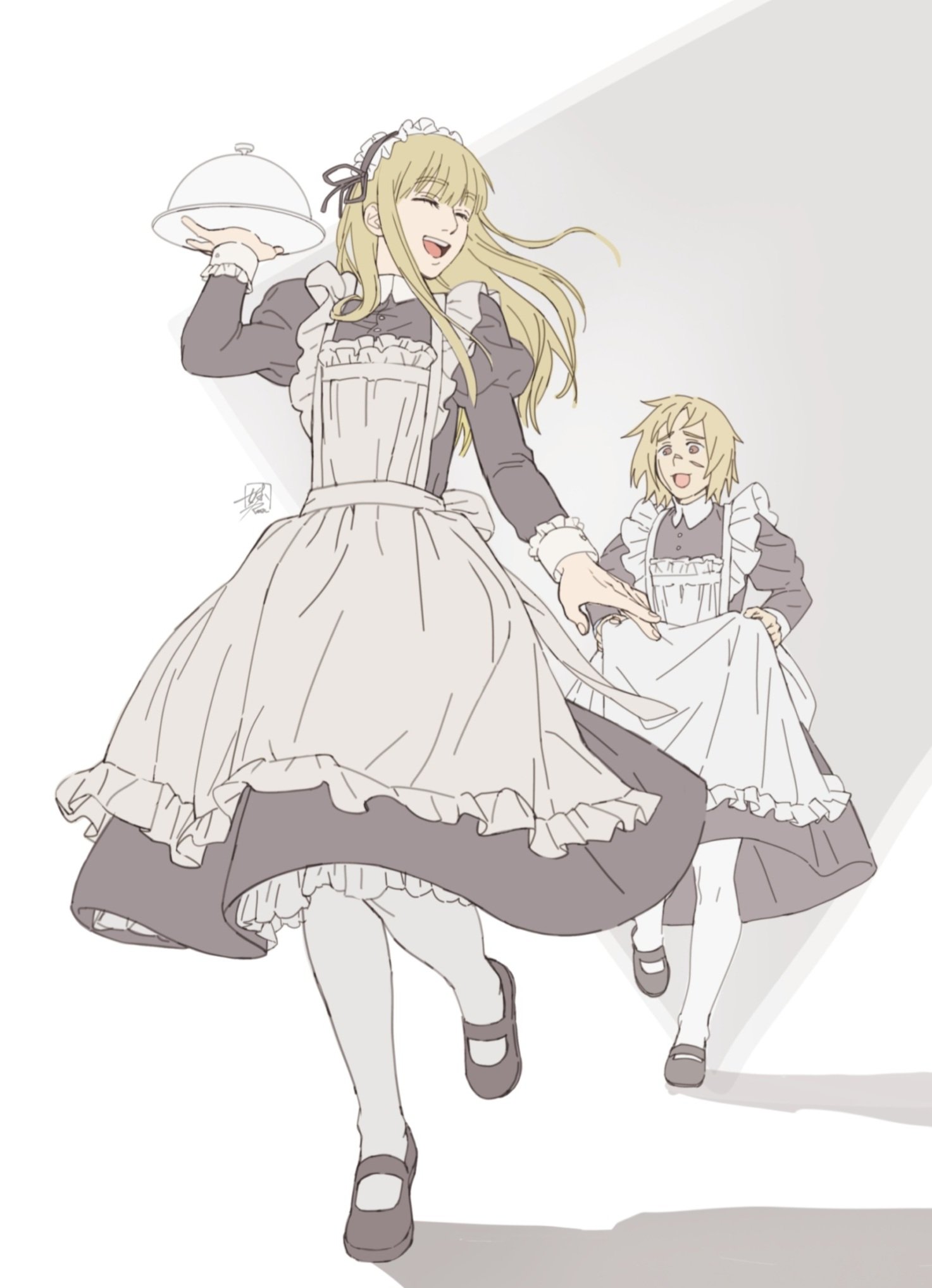 furehana, canute, thorfinn, vinland saga, 2boys, apron, blonde hair, brown eyes, carrying, closed eyes, contemporary, crossdressing, crossdressing (mtf), eyebrows hidden by hair, eyelashes, facial scar, floating hair, full body, holding, maid, maid apron, maid headdress, male focus, multiple boys, multiple scars, open mouth, running, scar, scar on cheek, scar on face, scar on nose, shadow, shoes, teeth, tray, upper teeth only