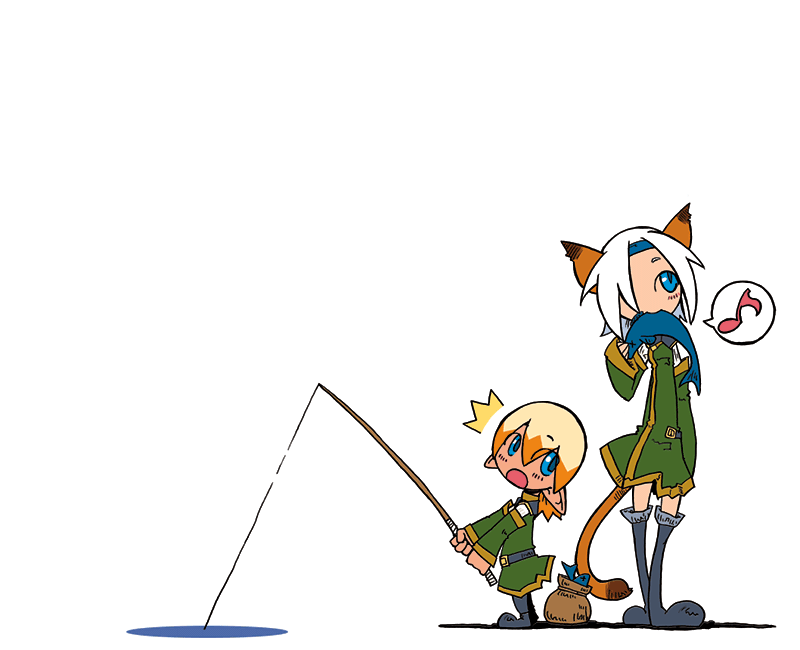 mithra (ff11), final fantasy, final fantasy xi, 00s, 1girl, androgynous, animal ears, cat ears, cat girl, cat tail, chibi, fish, mouth hold, tail, tarutaru
