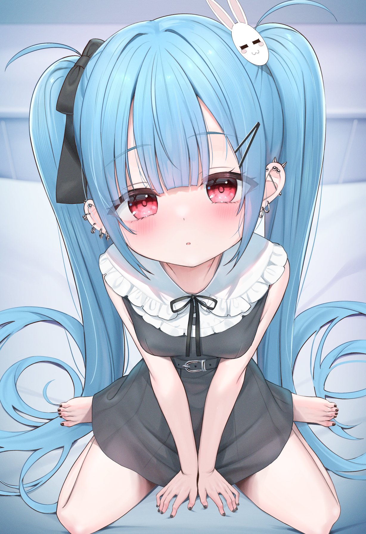 tsukiman, original, commentary request, highres, paid reward available, 1girl, barefoot, black dress, black nails, black ribbon, blue hair, blush, breasts, dress, ear piercing, earrings, frilled shirt collar, frills, hair ornament, hair ribbon, hairclip, jewelry, kanae (tsukiman), long hair, looking at viewer, nail polish, open mouth, piercing, rabbit hair ornament, red eyes, ribbon, short dress, sitting, sleeveless, sleeveless dress, small breasts, solo, toenail polish, toenails, toes, twintails, very long hair, wariza