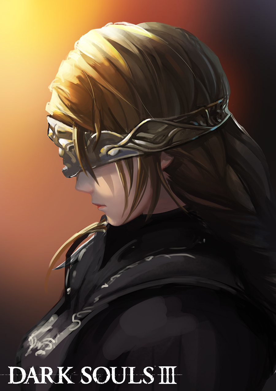 adson-(biao di), fire keeper, dark souls (series), dark souls iii, highres, 1girl, blindfold, blonde hair, breasts, capelet, cloak, closed mouth, covered eyes, dress, eye mask, jewelry, large breasts, long hair, mask, solo