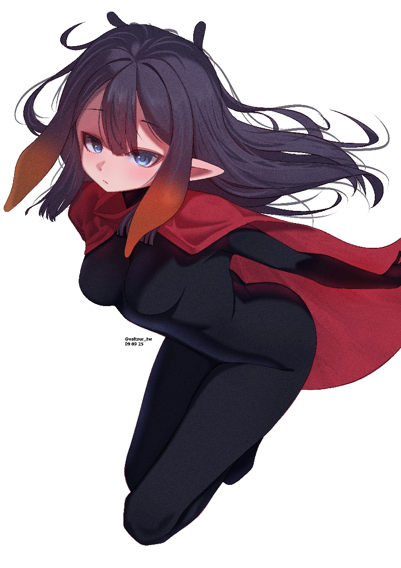 valtaur, hornet (hollow knight), ninomae ina'nis, hollow knight, hollow knight: silksong, hololive, hololive english, commentary, english commentary, 1girl, alternate breast size (larger), black bodysuit, blue eyes, blunt bangs, bodysuit, breasts, center-flap bangs, cloak, cosplay, full body, gradient hair, hornet (hollow knight) (cosplay), long hair, looking at viewer, medium breasts, mole, mole under eye, multicolored hair, orange hair, pointy ears, purple hair, red cloak, sidelocks, simple background, skin tight, solo, tentacle hair, virtual youtuber, white background