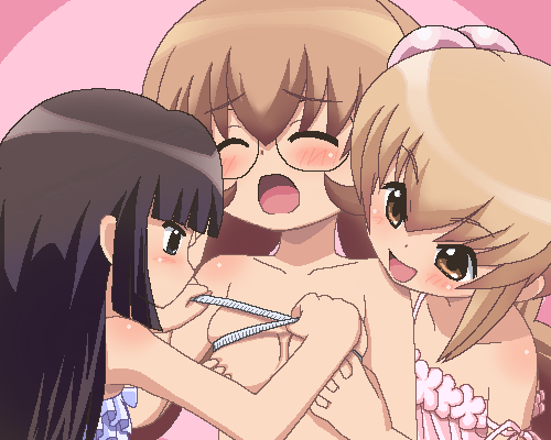 awa, kagami kuro, kokonoe rin, usa mimi, kodomo no jikan, lowres, 00s, 3girls, breasts, bust measuring, femdom, hair bobbles, hair ornament, jaggy lines, loli, lolidom, measuring, multiple girls, oekaki, oppai loli, tape measure, yuri