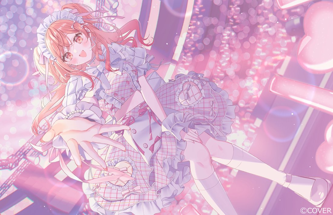 misumi (macaroni), ichijou ririka, hololive, hololive dev is, official art, 1girl, air bubble, bracelet, bubble, jewelry, kneehighs, long hair, long sleeves, looking at viewer, open mouth, orange eyes, orange hair, outdoors, reaching, reaching towards viewer, shirt, shoes, skirt, smile, socks, solo, virtual youtuber, white headdress, white shoes, white socks