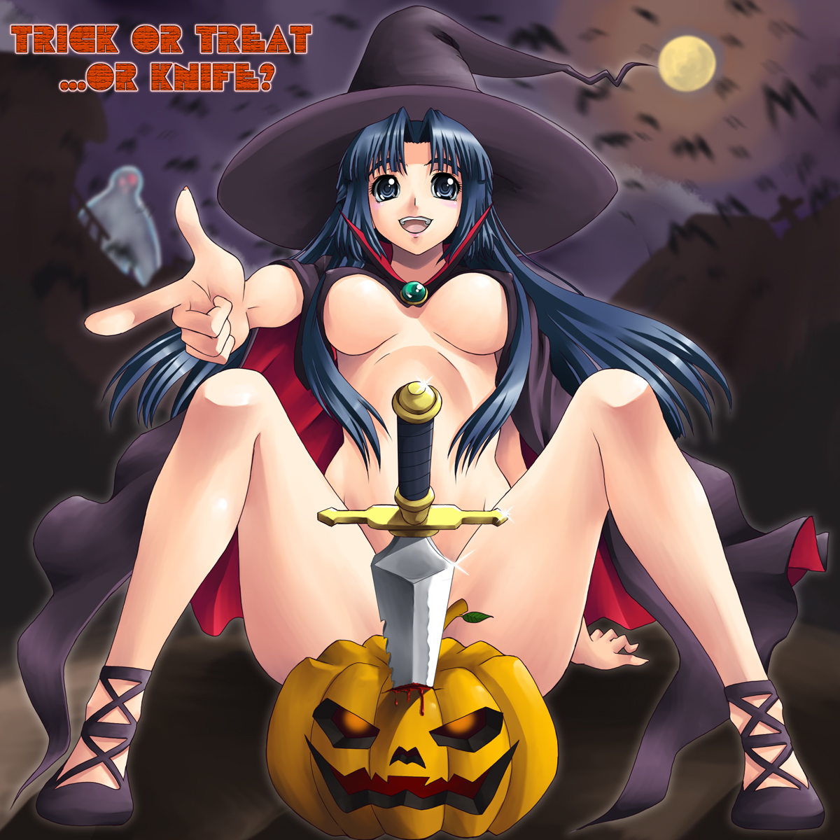 yaso shigeru, asakura ryoko, suzumiya haruhi no yuuutsu, highres, 00s, 1girl, arm support, bat (animal), blood, blue eyes, blue hair, breasts, cape, censored, convenient censoring, dagger, english text, female focus, finger gun, halloween, hat, jack-o'-lantern, knife, large breasts, leaf, matching hair/eyes, moon, naked cape, night, nude, open mouth, pumpkin, solo, trick or treat, weapon, witch, witch hat
