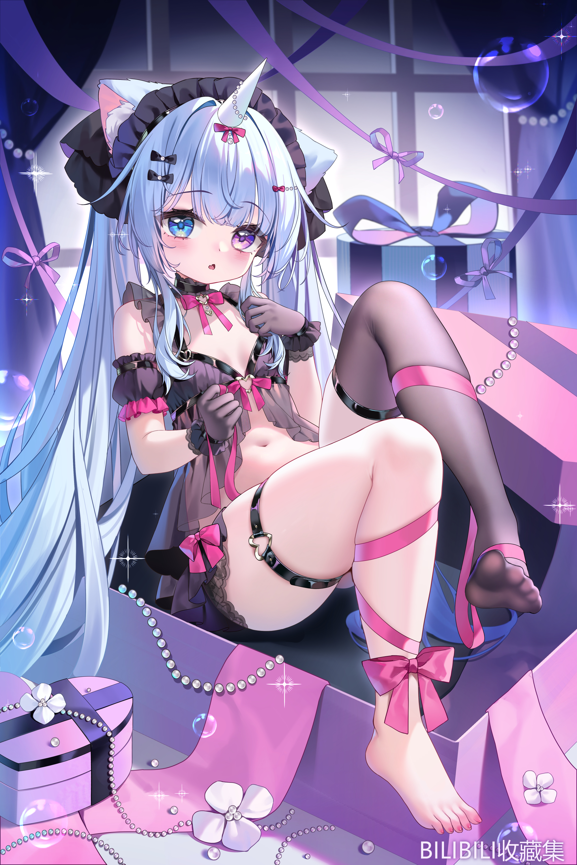 lenka1264504528, ninico (vtuber), indie virtual youtuber, original, absurdres, highres, 1girl, animal ears, babydoll, barefoot, black babydoll, black bow, black pantyhose, black thighhighs, blue eyes, blue hair, bow, box, breasts, cat ears, cat girl, feet, foot out of frame, frilled gloves, frills, gift, gloves, hair bow, heterochromia, knee up, legs, long hair, looking at viewer, navel, no shoes, pantyhose, pink bow, pink ribbon, purple eyes, ribbon, see-through clothes, see-through legwear, single thighhigh, small breasts, solo, thigh strap, thighhighs, toes, twintails, unicorn, very long hair, virtual youtuber