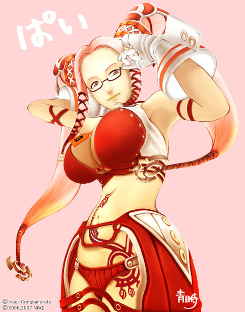 pi (.hack//), .hack//, .hack//g.u., .hack//roots, bandai, cyber connect 2, translation request, 00s, 1girl, adjusting eyewear, armpits, breasts, brown eyes, cleavage, female focus, glasses, gloves, hair ornament, hair ribbon, huge breasts, long hair, lowleg, midriff, pink hair, revealing clothes, ribbon, smile, solo, tattoo, twintails