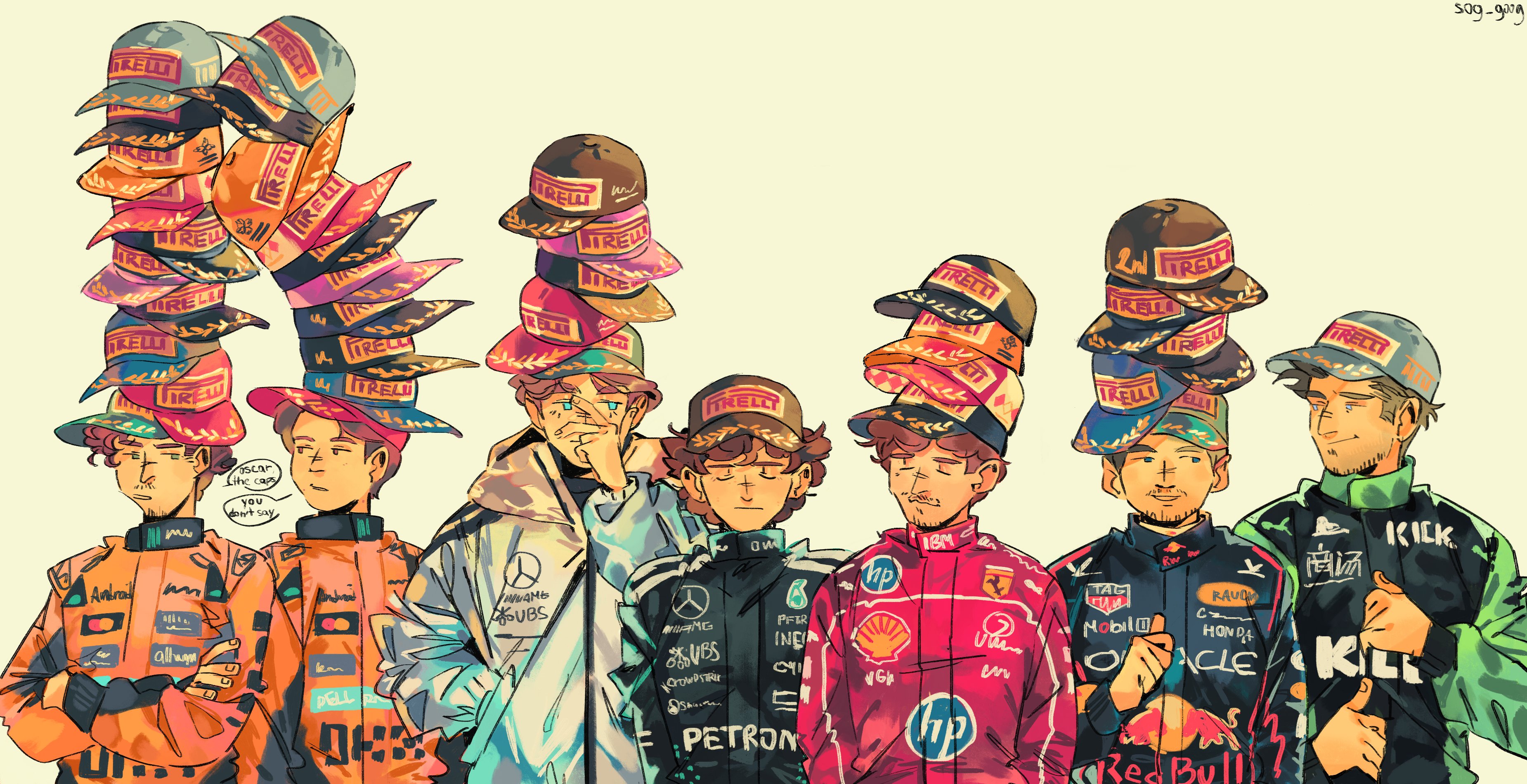 charles leclerc, max verstappen, ferrari, formula one, hewlett-packard, pirelli, real life, red bull, shell (company), tag heuer, absurdres, commentary, english commentary, highres, 6+boys, andrea kimi antonelli, baseball cap, black eyes, black racing suit, blue eyes, blue racing suit, brown eyes, brown hair, closed eyes, closed mouth, crossed arms, english text, facial hair, george russell, grey jacket, hand in pocket, hand on own face, hand over face, hat, hat over hat, hood, hooded jacket, jacket, lando norris, lineup, looking at another, male focus, multiple boys, nico hulkenberg, no sclera, one eye closed, orange racing suit, oscar piastri, racing suit, red racing suit, short hair, simple background, small sweatdrop, smile, sog goog, speech bubble, talking, tongue, tongue out, yellow background